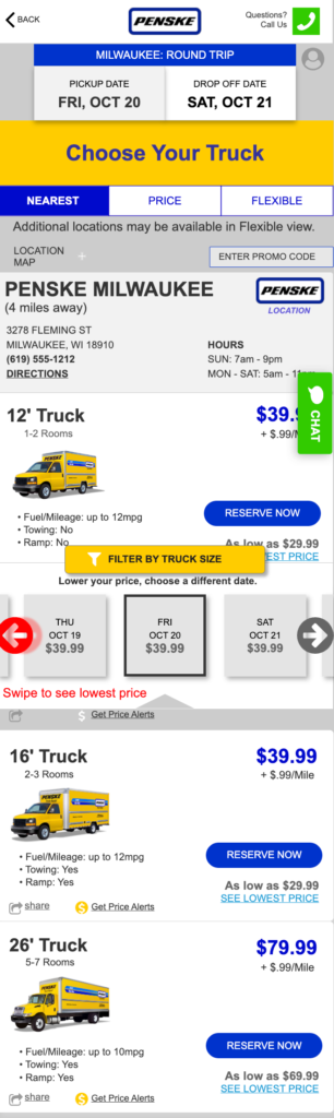 Screenshot of Penske high fidelity prototype product selection page