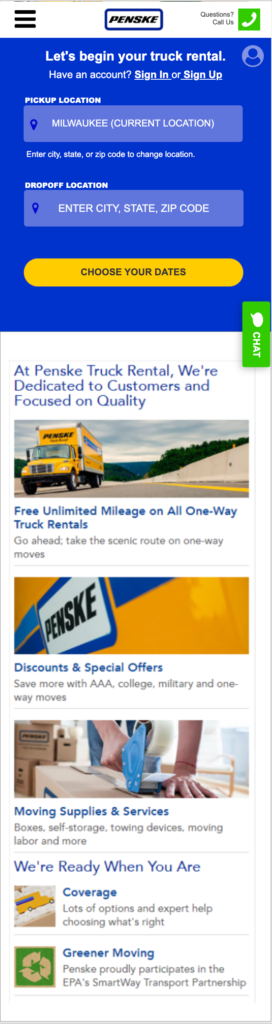 screenshot of Penske mobile app home page