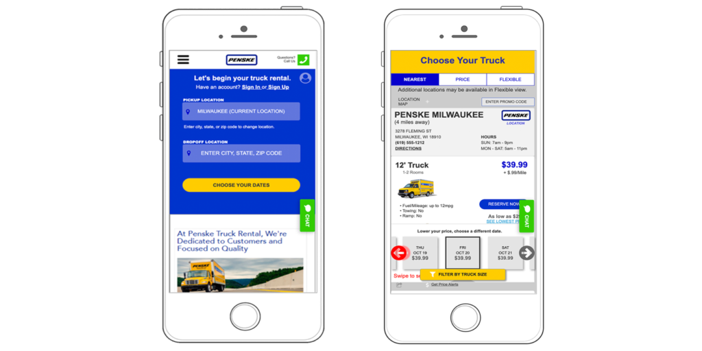 Side by side high fidelity prototypes of Penske Rental App